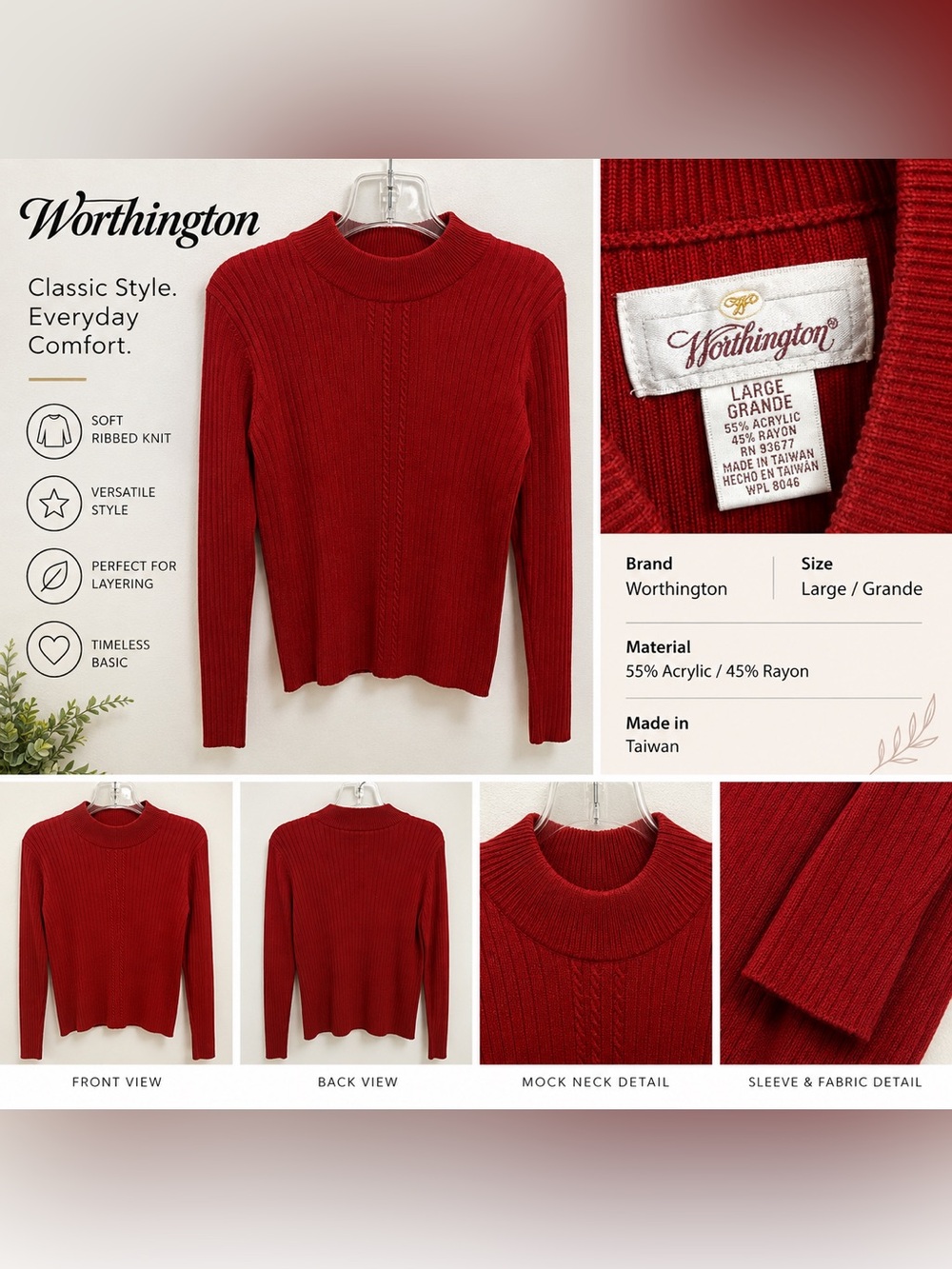 Worthington Large Red Ribbed Mock Neck Sweater Cable Knit Long Sleeve